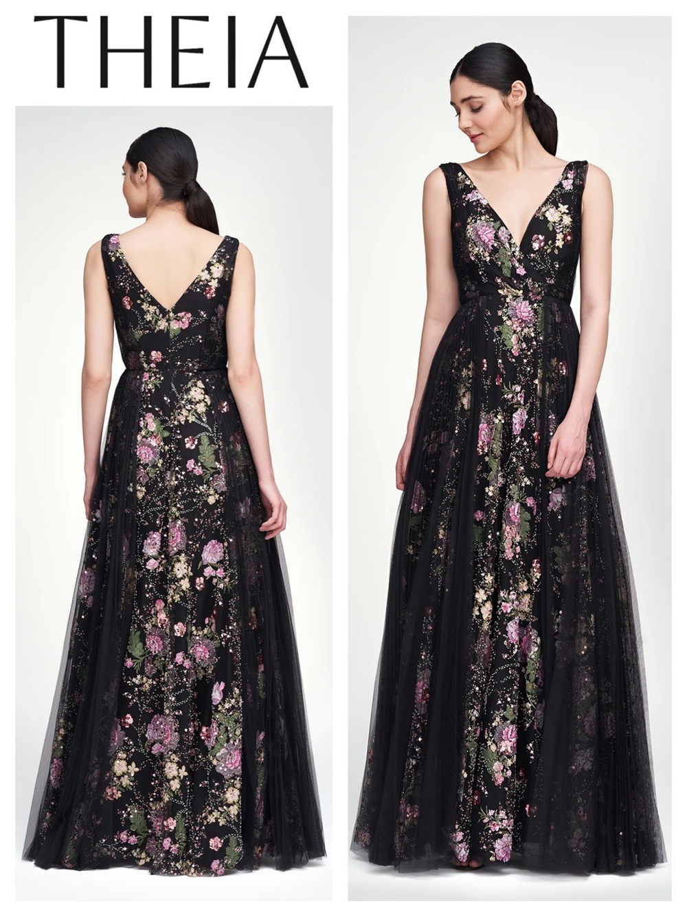 THEIA Toni V Neck Beaded Gown
